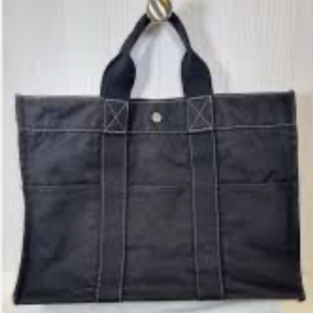 Authentic HERMES Sac Deauville PM Black Cotton 100% Canvas Tote Hand Bag